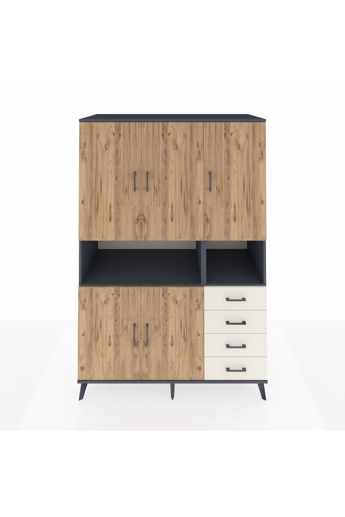 Kronos Dolap 7 Raflı 4 Çekmeceli 5 Kapaklı 132x59x195 Antrasit-Çam/Aytaşı