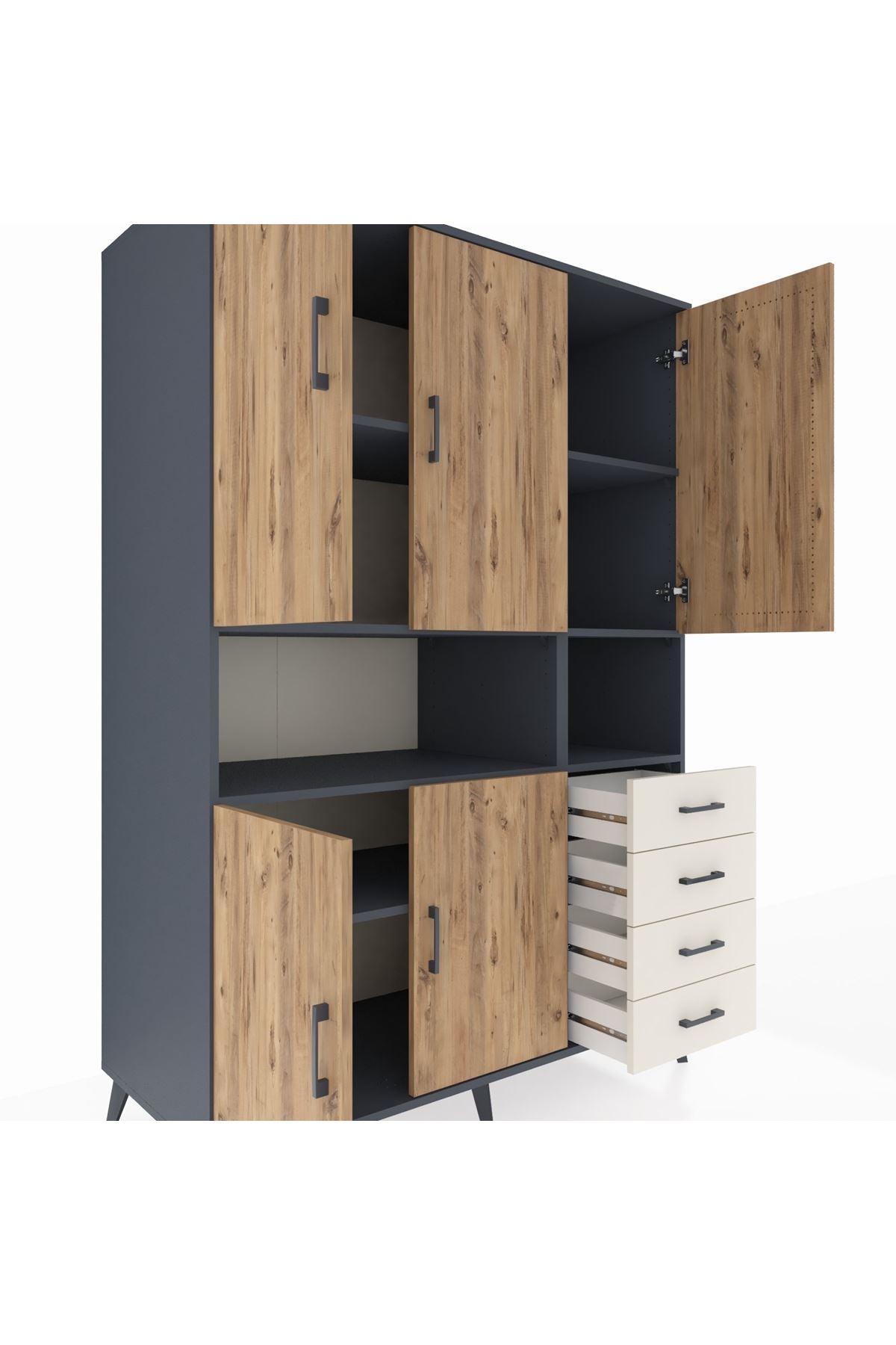 Kronos Dolap 7 Raflı 4 Çekmeceli 5 Kapaklı 132x59x195 Antrasit-Çam/Aytaşı