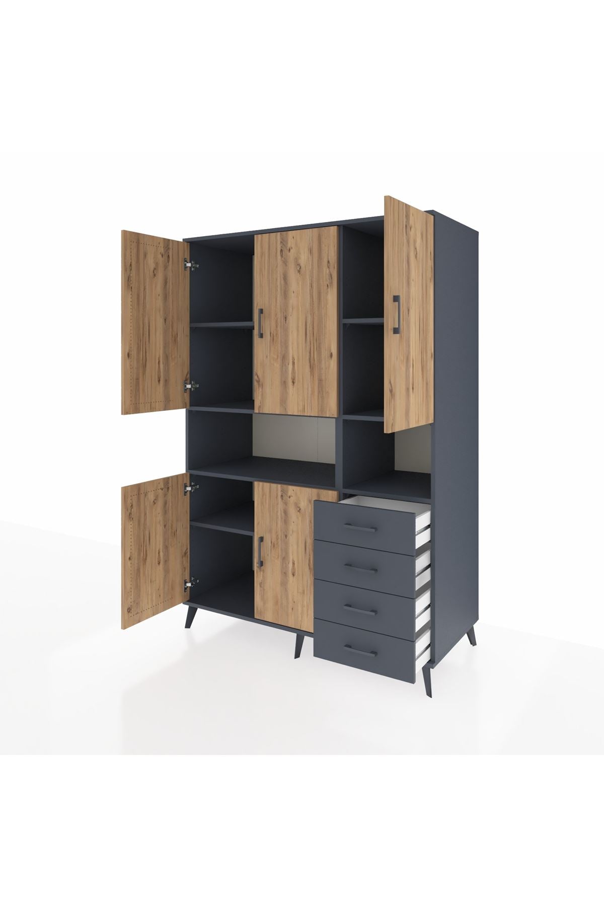 Kronos Dolap 7 Raflı 4 Çekmeceli 5 Kapaklı 132x59x195 Antrasit-Çam/Antrasit