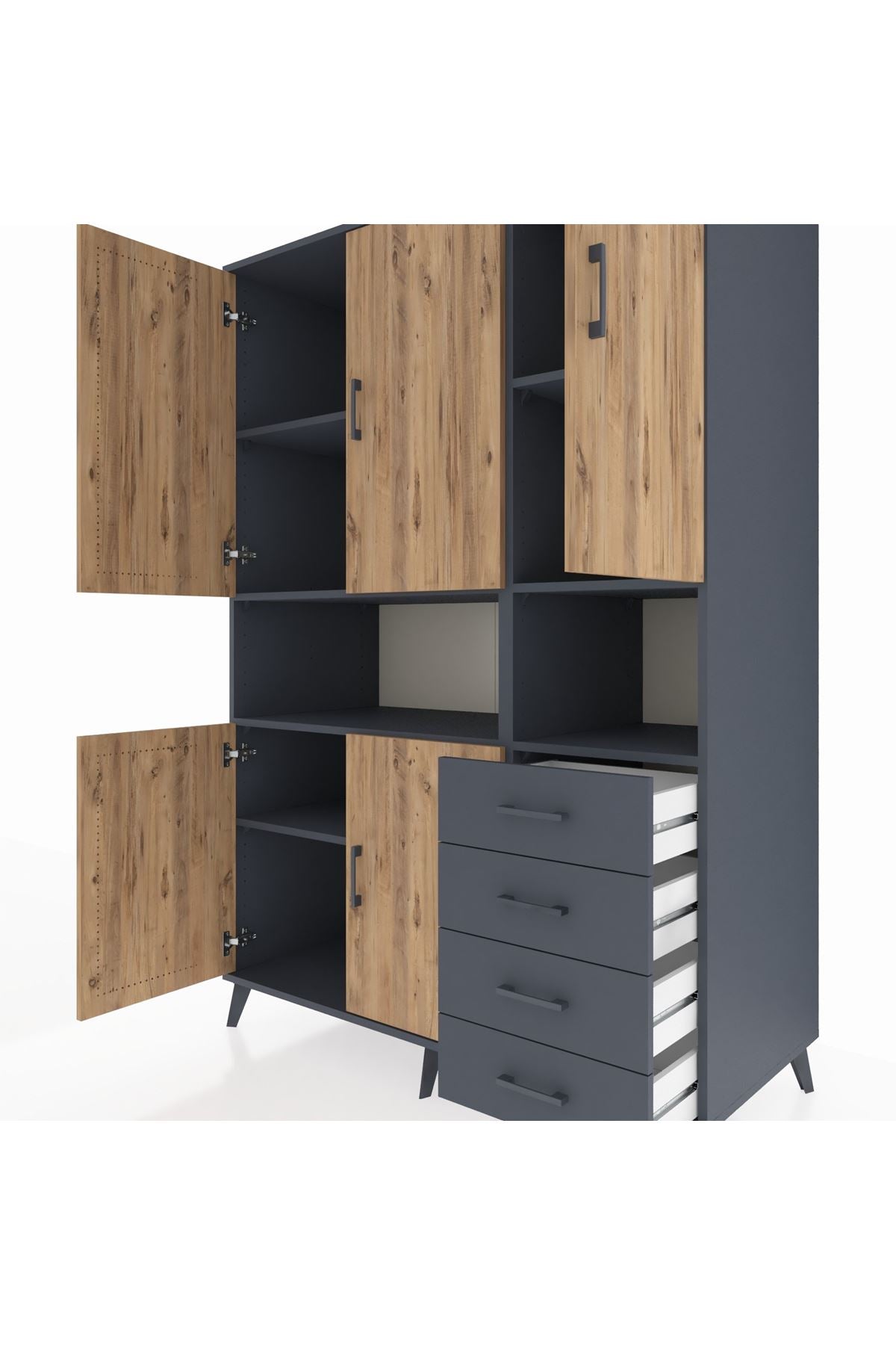 Kronos Dolap 7 Raflı 4 Çekmeceli 5 Kapaklı 132x59x195 Antrasit-Çam/Antrasit