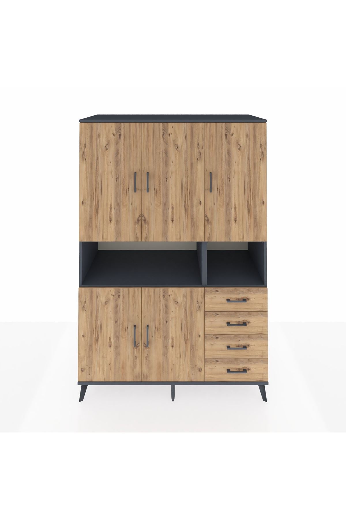 Kronos Dolap 7 Raflı 4 Çekmeceli 5 Kapaklı 132x59x195 Antrasit-Çam/Çam