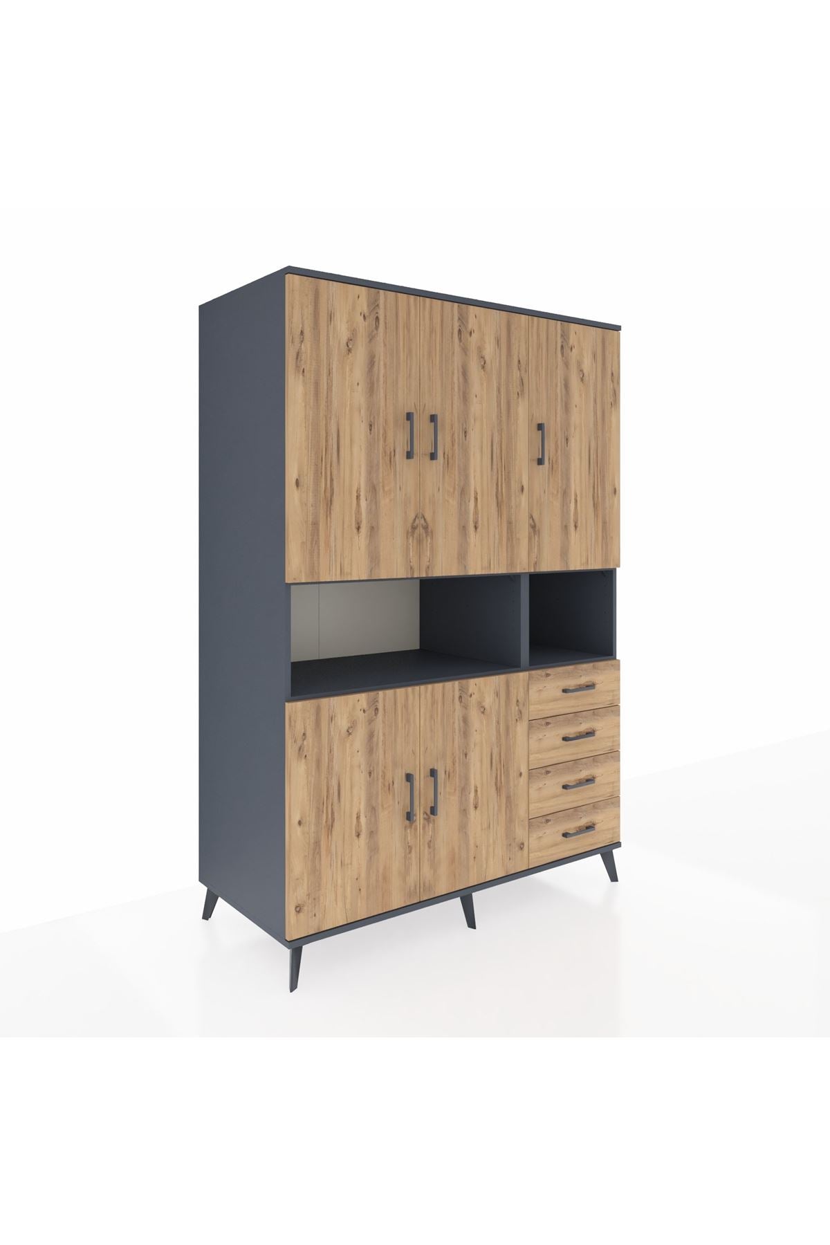 Kronos Dolap 7 Raflı 4 Çekmeceli 5 Kapaklı 132x59x195 Antrasit-Çam/Çam