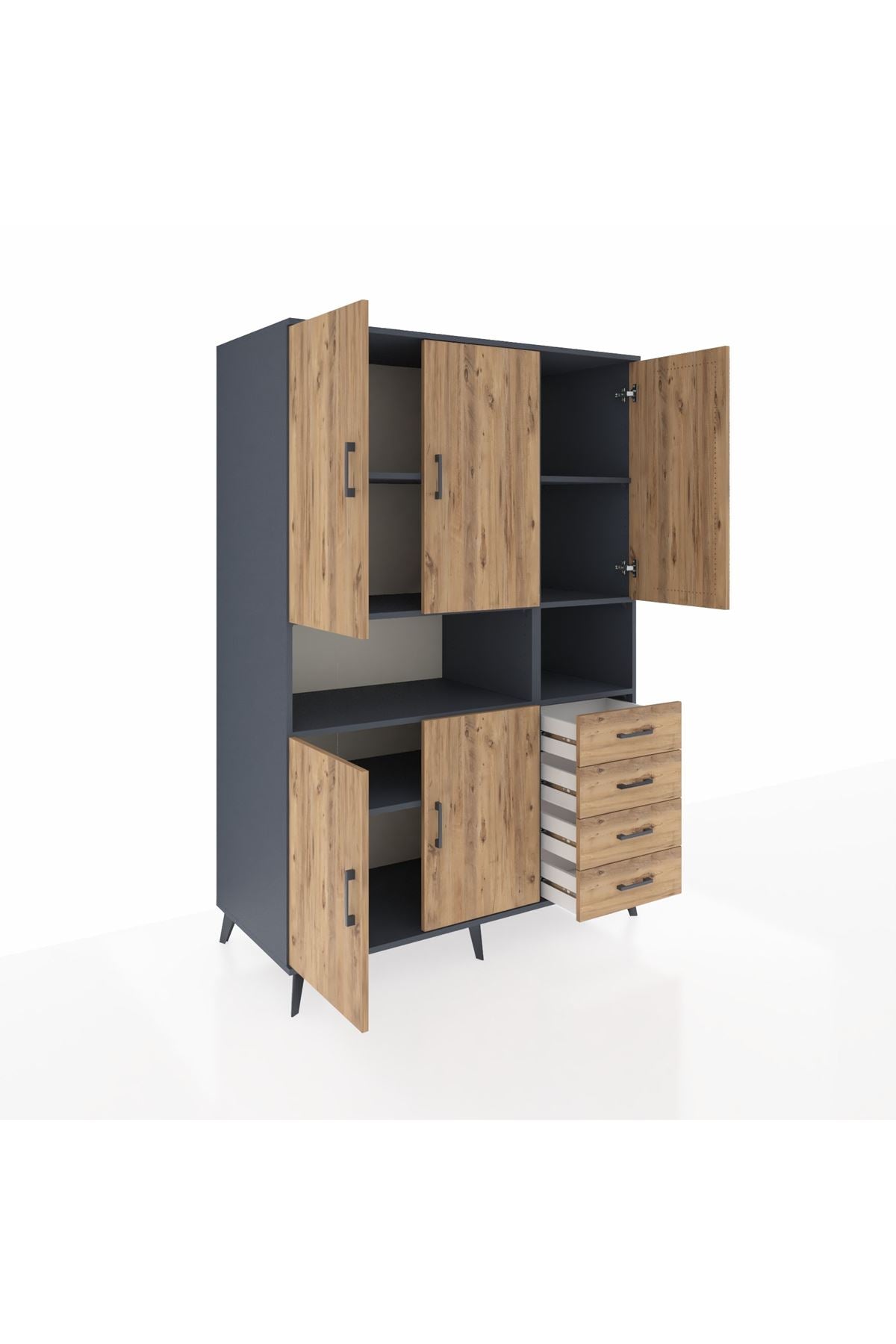 Kronos Dolap 7 Raflı 4 Çekmeceli 5 Kapaklı 132x59x195 Antrasit-Çam/Çam