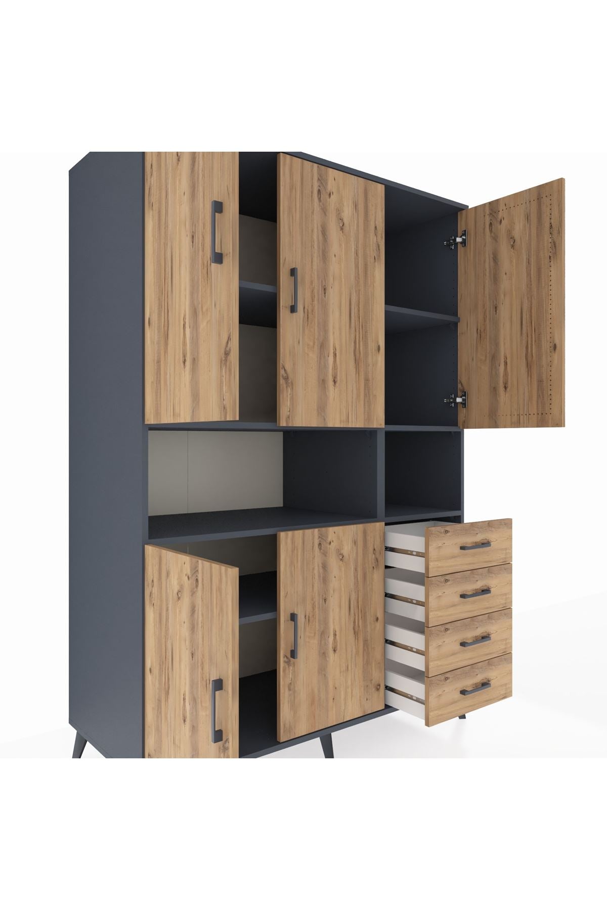 Kronos Dolap 7 Raflı 4 Çekmeceli 5 Kapaklı 132x59x195 Antrasit-Çam/Çam