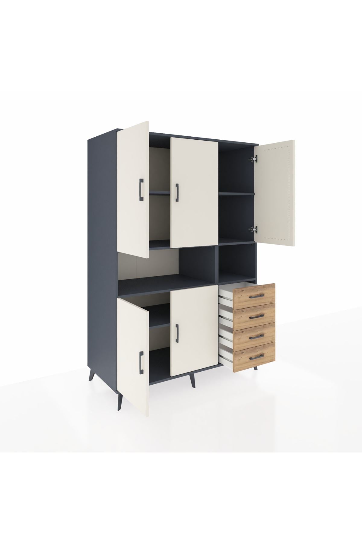 Kronos Dolap 7 Raflı 4 Çekmeceli 5 Kapaklı 132x59x195 Antrasit-Aytaşı/Çam