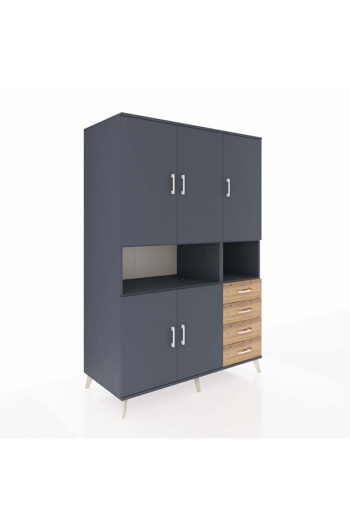 Kronos Dolap 7 Raflı 4 Çekmeceli 5 Kapaklı 132x59x195 Antrasit-Antrasit/Çam