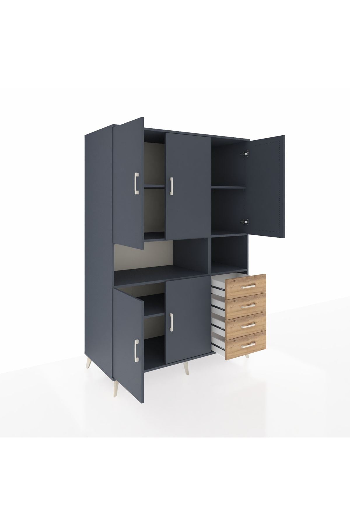 Kronos Dolap 7 Raflı 4 Çekmeceli 5 Kapaklı 132x59x195 Antrasit-Antrasit/Çam