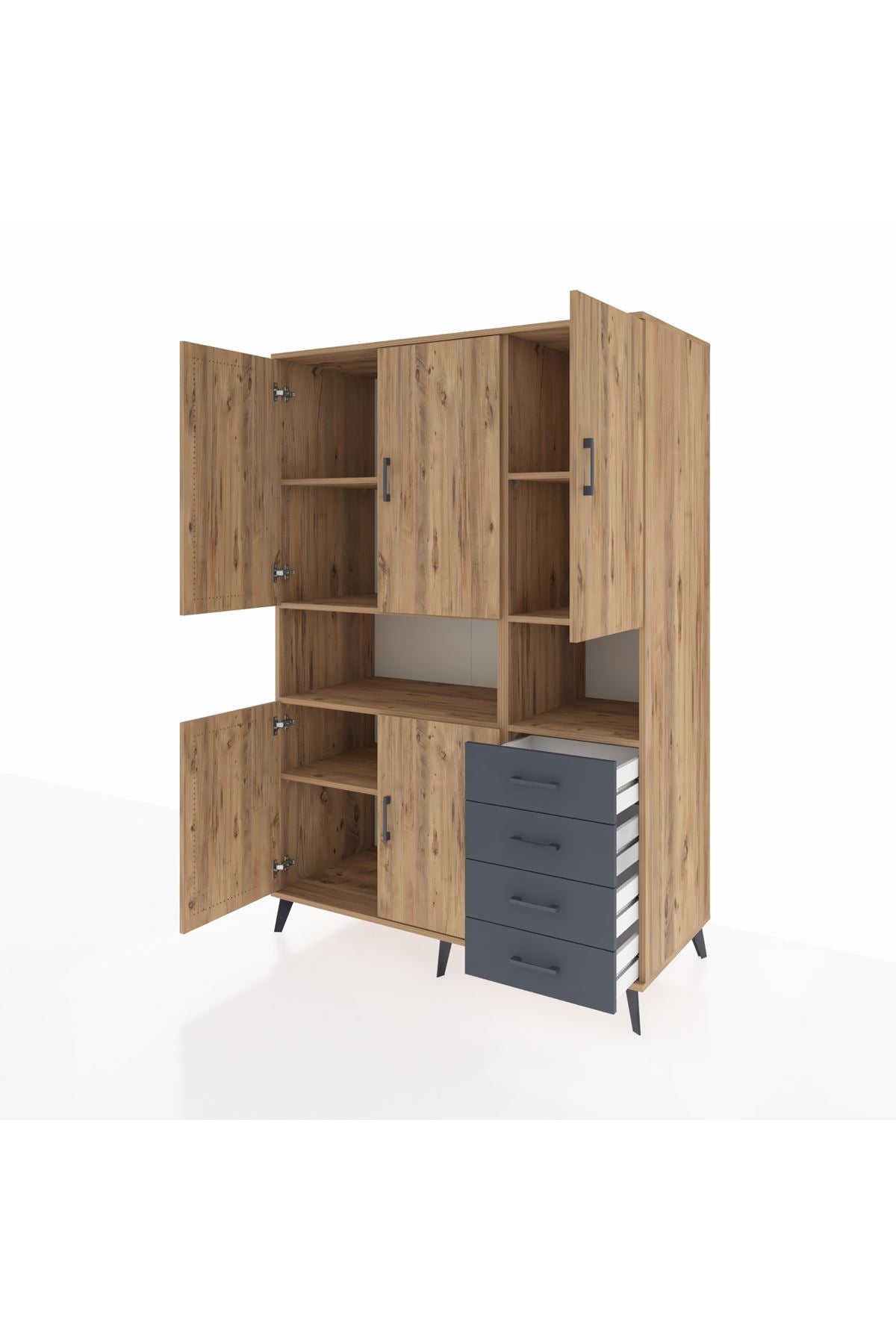 Kronos Dolap 7 Raflı 4 Çekmeceli 5 Kapaklı 132x59x195 Çam-Çam/Antrasit