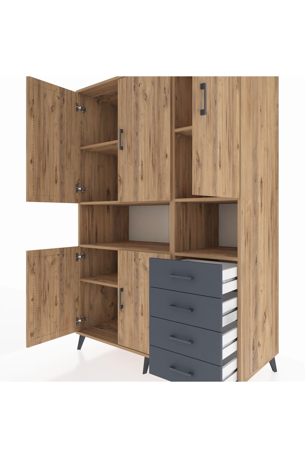 Kronos Dolap 7 Raflı 4 Çekmeceli 5 Kapaklı 132x59x195 Çam-Çam/Antrasit