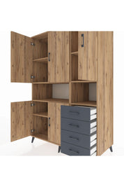 Kronos Dolap 7 Raflı 4 Çekmeceli 5 Kapaklı 132x59x195 Çam-Çam/Antrasit