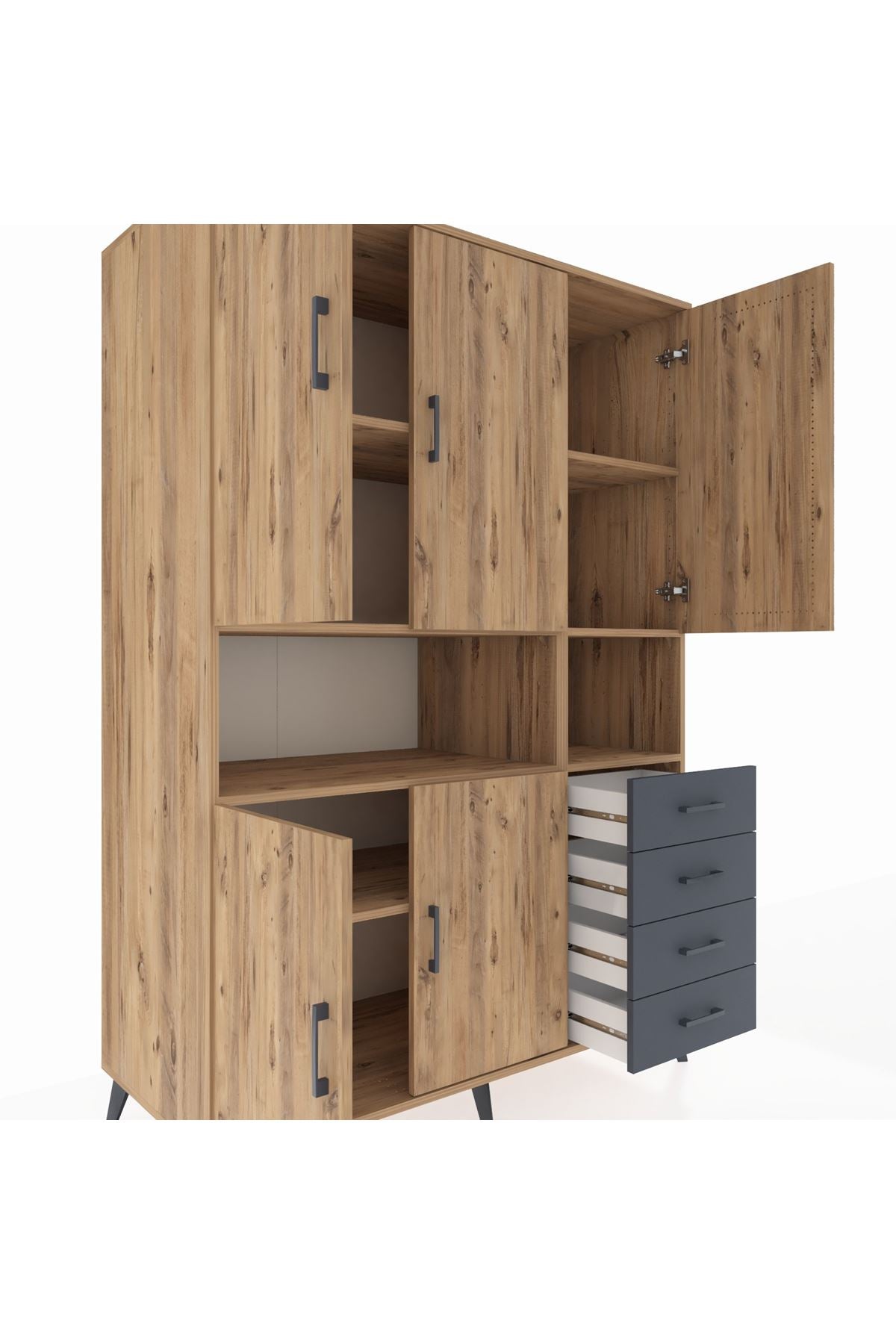 Kronos Dolap 7 Raflı 4 Çekmeceli 5 Kapaklı 132x59x195 Çam-Çam/Antrasit