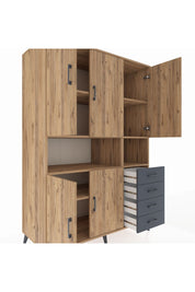 Kronos Dolap 7 Raflı 4 Çekmeceli 5 Kapaklı 132x59x195 Çam-Çam/Antrasit