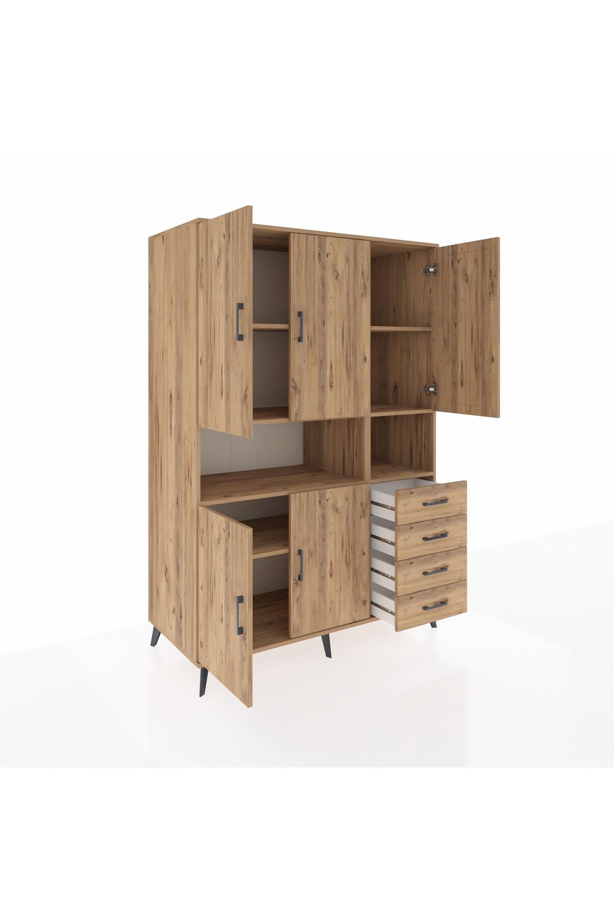 Kronos Dolap 7 Raflı 4 Çekmeceli 5 Kapaklı 132x59x195 Çam-Çam/Çam