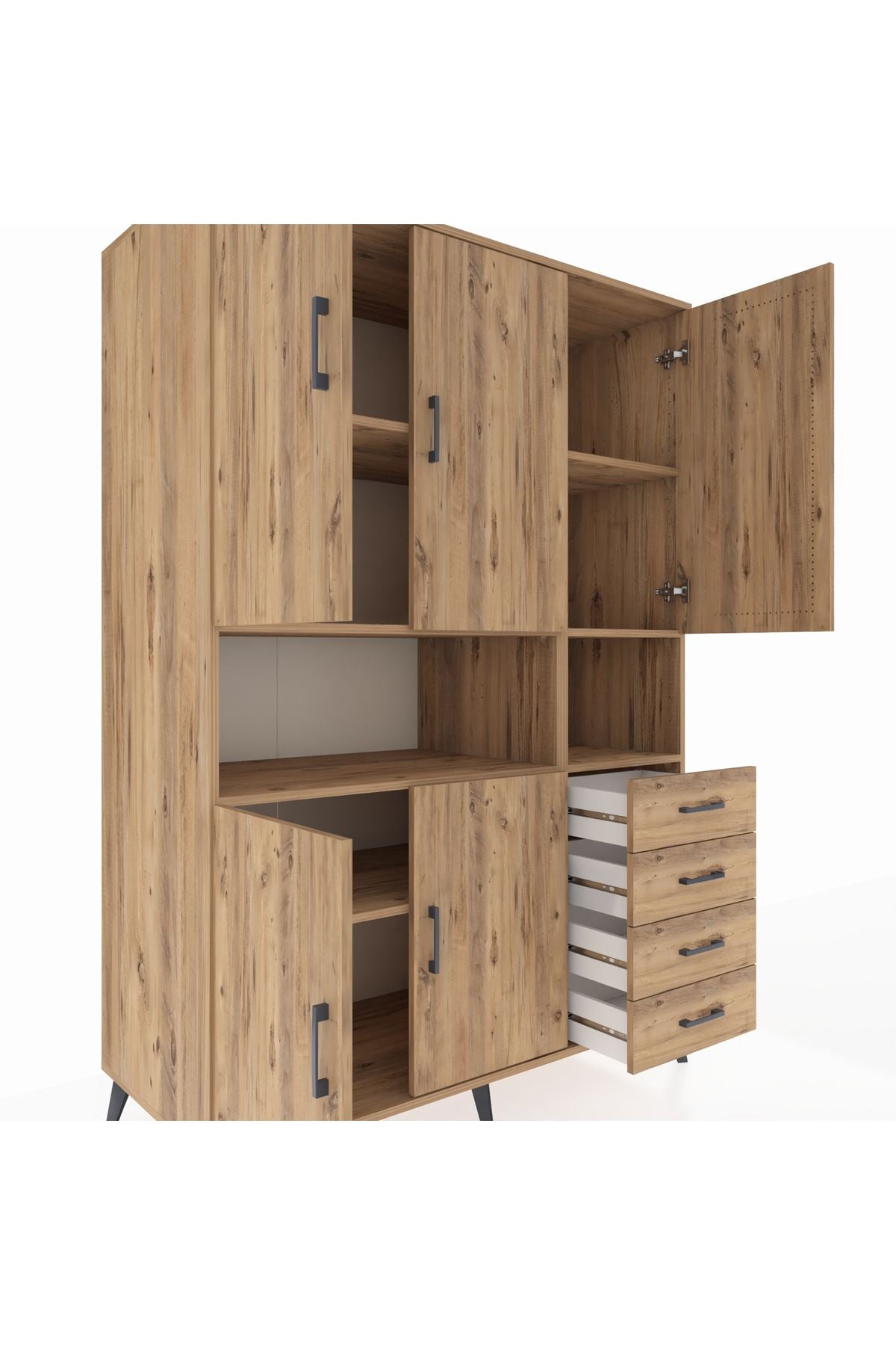 Kronos Dolap 7 Raflı 4 Çekmeceli 5 Kapaklı 132x59x195 Çam-Çam/Çam