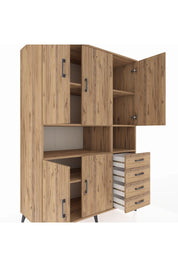 Kronos Dolap 7 Raflı 4 Çekmeceli 5 Kapaklı 132x59x195 Çam-Çam/Çam