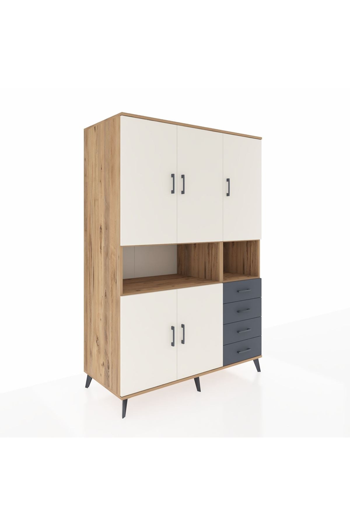 Kronos Dolap 7 Raflı 4 Çekmeceli 5 Kapaklı 132x59x195 Çam-Aytaşı/Antrasit