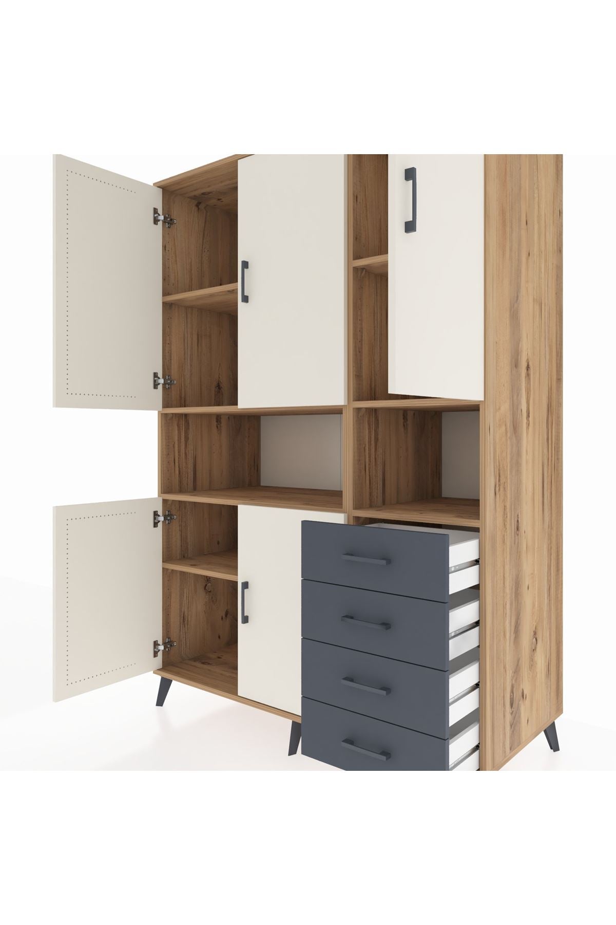 Kronos Dolap 7 Raflı 4 Çekmeceli 5 Kapaklı 132x59x195 Çam-Aytaşı/Antrasit