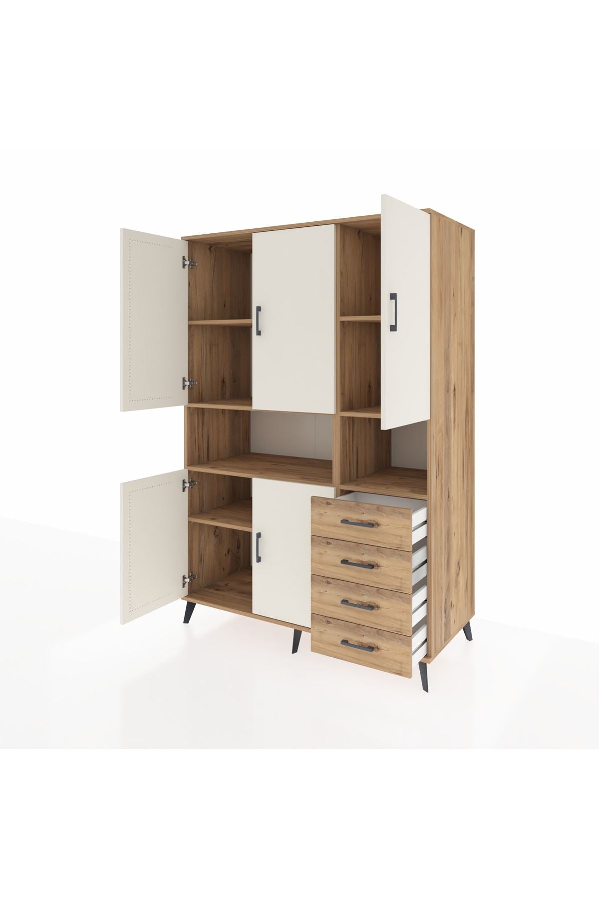 Kronos Dolap 7 Raflı 4 Çekmeceli 5 Kapaklı 132x59x195 Çam-Aytaşı/Çam