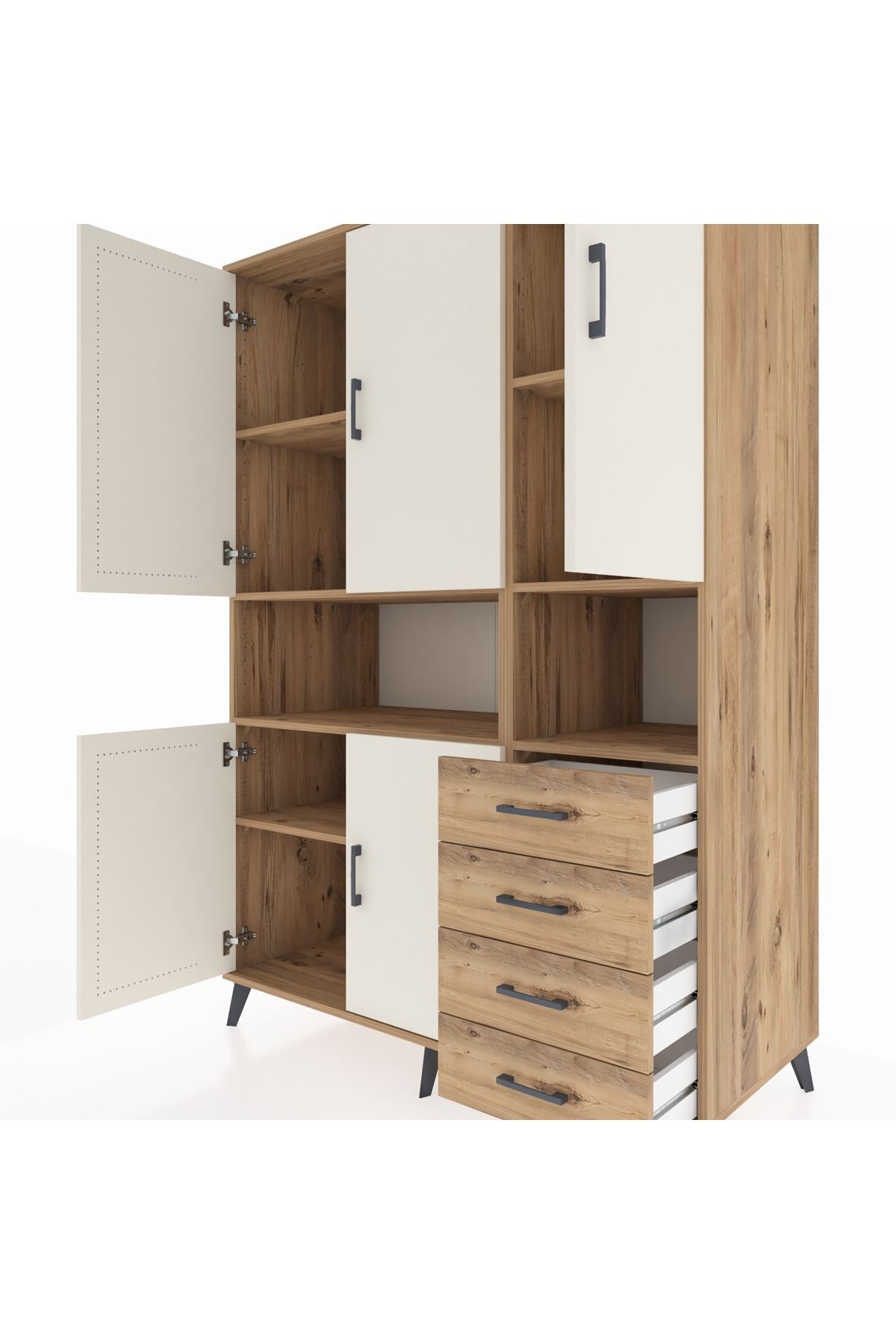 Kronos Dolap 7 Raflı 4 Çekmeceli 5 Kapaklı 132x59x195 Çam-Aytaşı/Çam