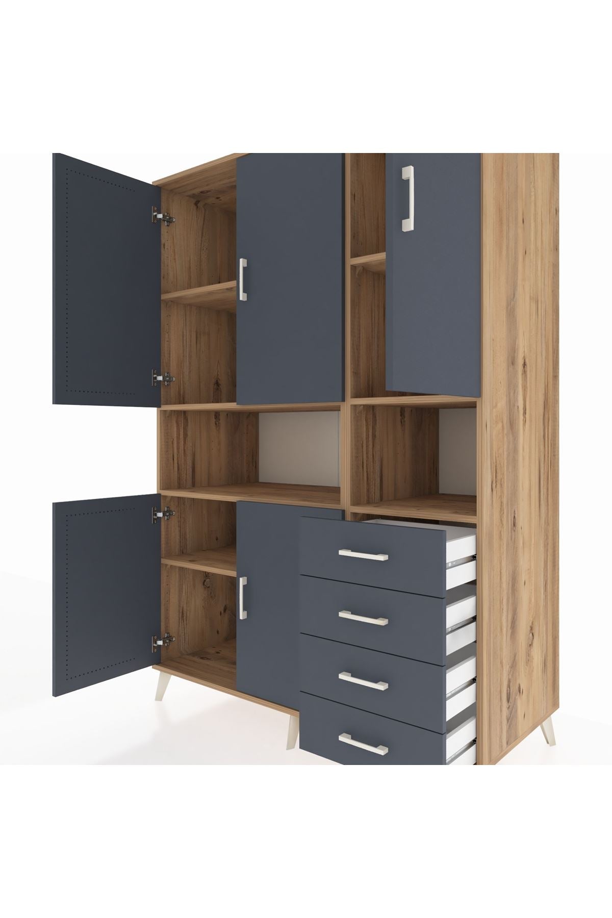 Kronos Dolap 7 Raflı 4 Çekmeceli 5 Kapaklı 132x59x195 Çam-Antrasit/Antrasit