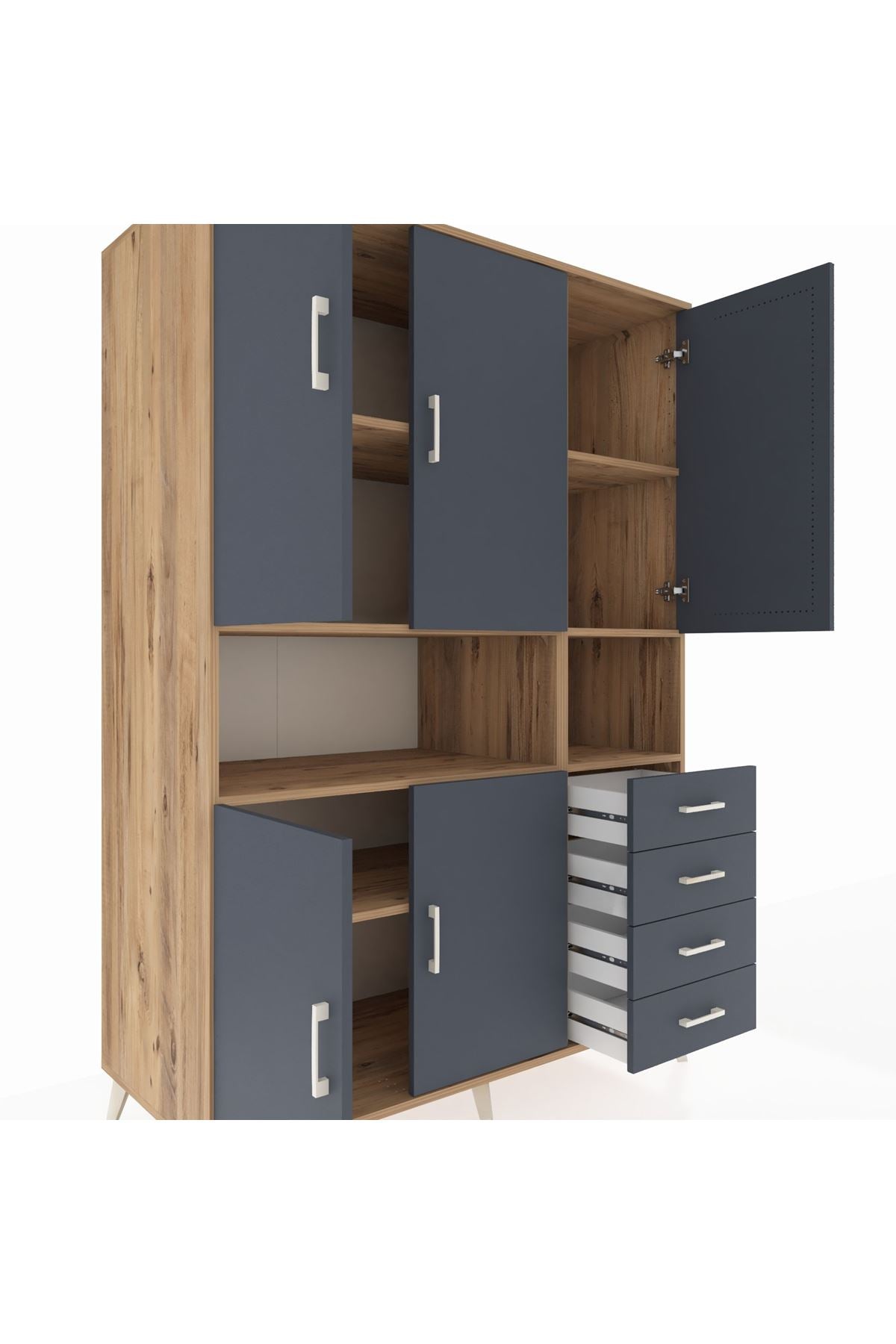 Kronos Dolap 7 Raflı 4 Çekmeceli 5 Kapaklı 132x59x195 Çam-Antrasit/Antrasit