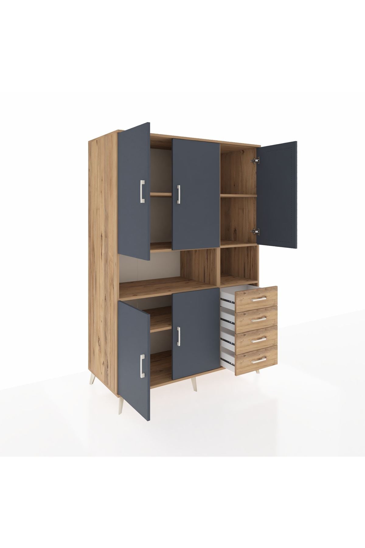 Kronos Dolap 7 Raflı 4 Çekmeceli 5 Kapaklı 132x59x195 Çam-Antrasit/Çam