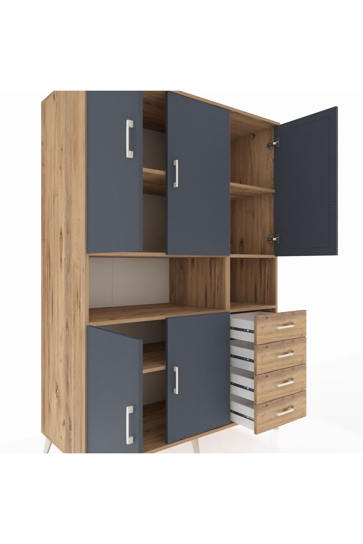 Kronos Dolap 7 Raflı 4 Çekmeceli 5 Kapaklı 132x59x195 Çam-Antrasit/Çam