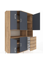 Kronos Dolap 7 Raflı 4 Çekmeceli 5 Kapaklı 132x59x195 Çam-Antrasit/Çam