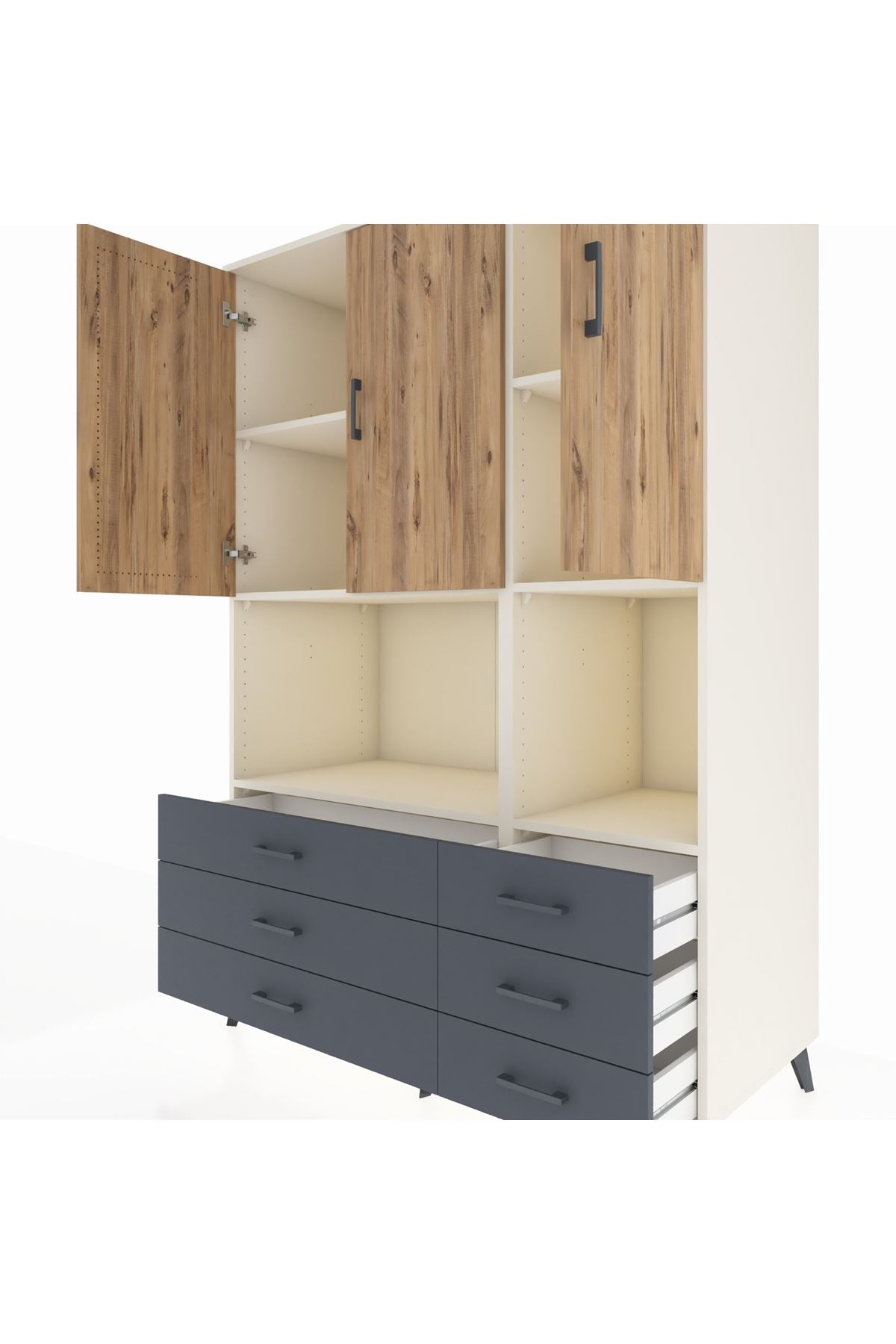 Kronos Dolap 6 Raflı 6 Çekmeceli 3 Kapaklı 132x59x195 Aytaşı-Çam/Antrasit