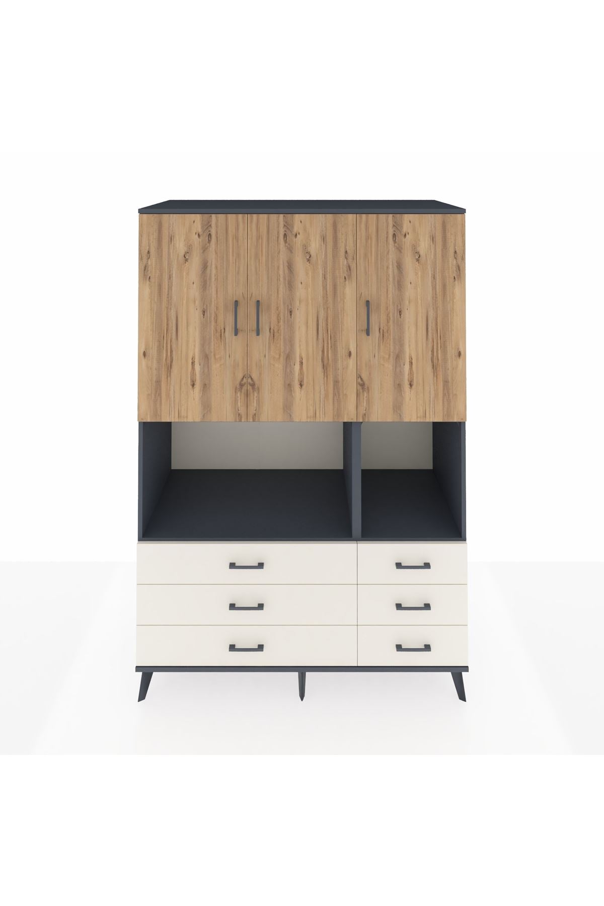 Kronos Dolap 6 Raflı 6 Çekmeceli 3 Kapaklı 132x59x195 Antrasit-Çam/Aytaşı