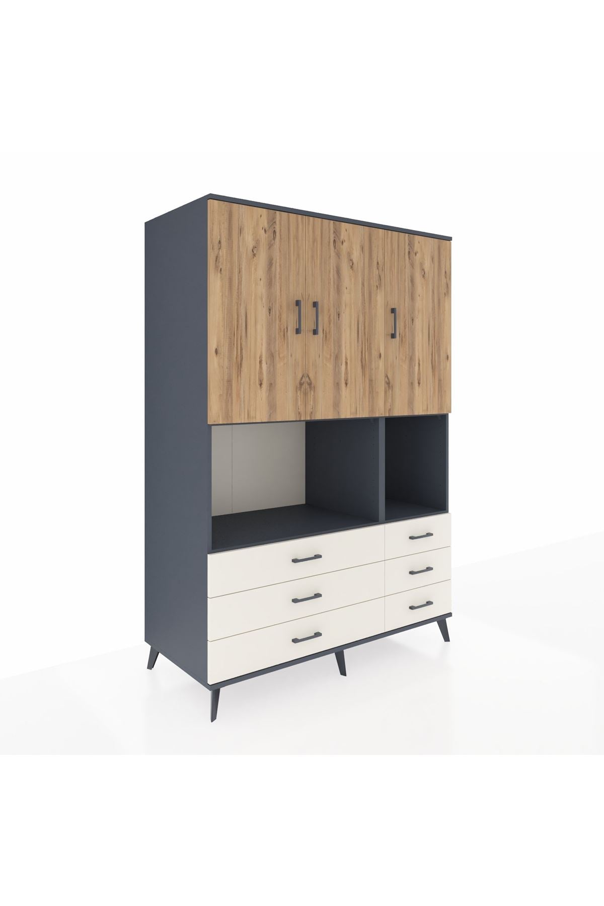 Kronos Dolap 6 Raflı 6 Çekmeceli 3 Kapaklı 132x59x195 Antrasit-Çam/Aytaşı