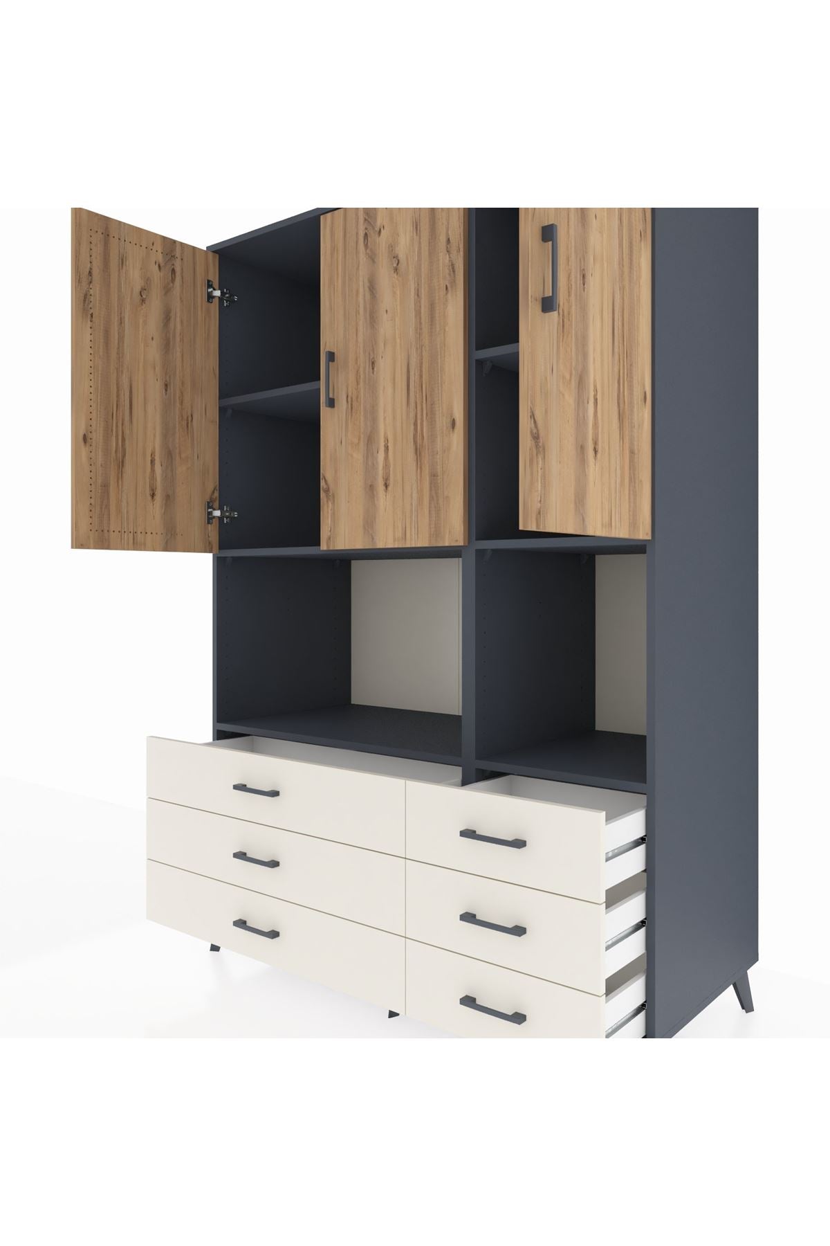 Kronos Dolap 6 Raflı 6 Çekmeceli 3 Kapaklı 132x59x195 Antrasit-Çam/Aytaşı