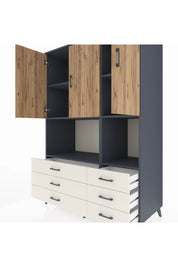 Kronos Dolap 6 Raflı 6 Çekmeceli 3 Kapaklı 132x59x195 Antrasit-Çam/Aytaşı