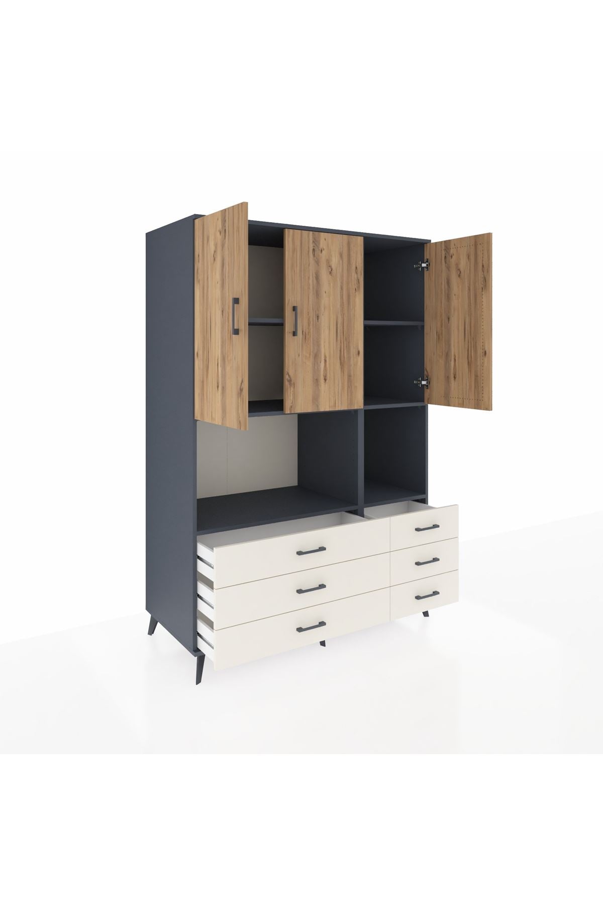 Kronos Dolap 6 Raflı 6 Çekmeceli 3 Kapaklı 132x59x195 Antrasit-Çam/Aytaşı