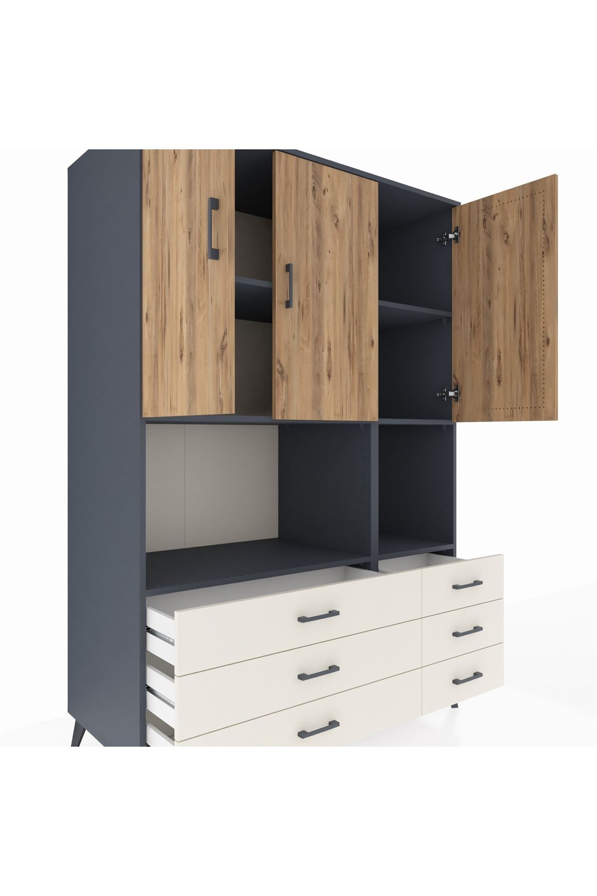 Kronos Dolap 6 Raflı 6 Çekmeceli 3 Kapaklı 132x59x195 Antrasit-Çam/Aytaşı