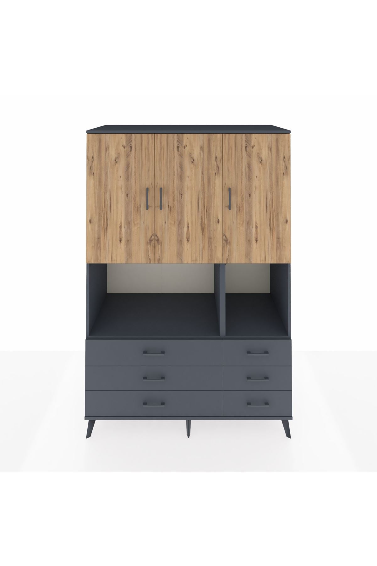 Kronos Dolap 6 Raflı 6 Çekmeceli 3 Kapaklı 132x59x195 Antrasit-Çam/Antrasit