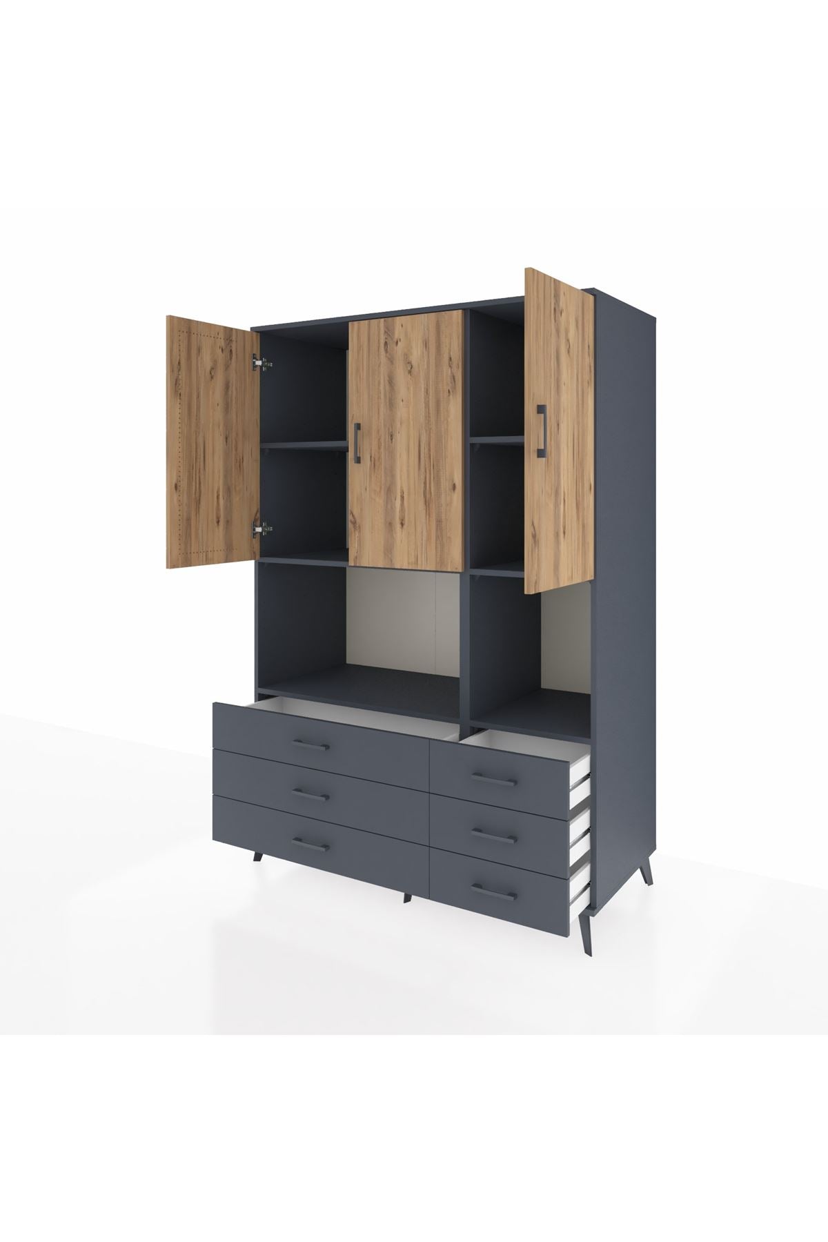 Kronos Dolap 6 Raflı 6 Çekmeceli 3 Kapaklı 132x59x195 Antrasit-Çam/Antrasit
