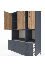 Kronos Dolap 6 Raflı 6 Çekmeceli 3 Kapaklı 132x59x195 Antrasit-Çam/Antrasit