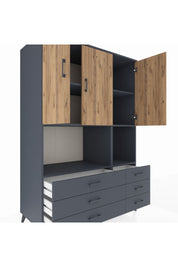 Kronos Dolap 6 Raflı 6 Çekmeceli 3 Kapaklı 132x59x195 Antrasit-Çam/Antrasit