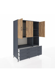 Kronos Dolap 6 Raflı 6 Çekmeceli 3 Kapaklı 132x59x195 Antrasit-Çam/Antrasit
