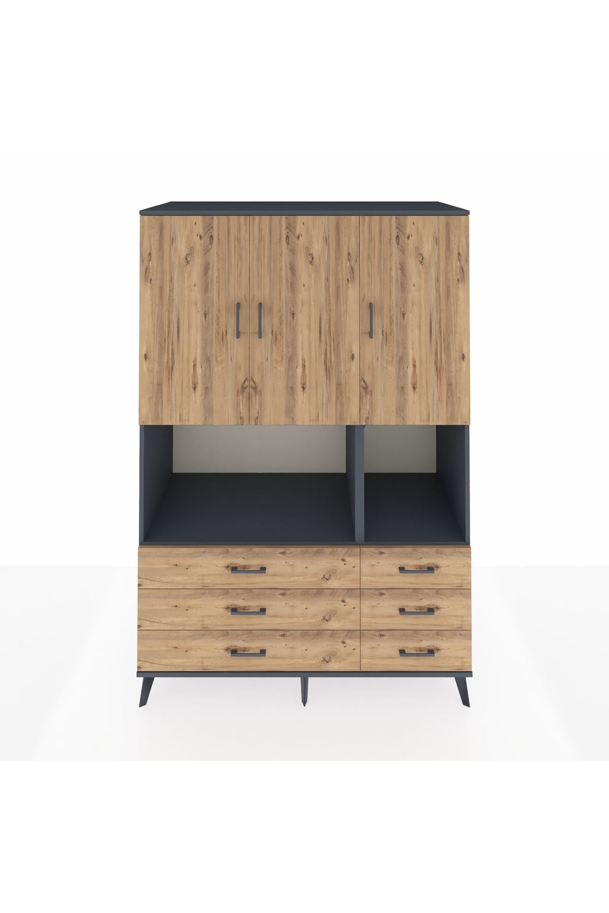 Kronos Dolap 6 Raflı 6 Çekmeceli 3 Kapaklı 132x59x195 Antrasit-Çam/Çam