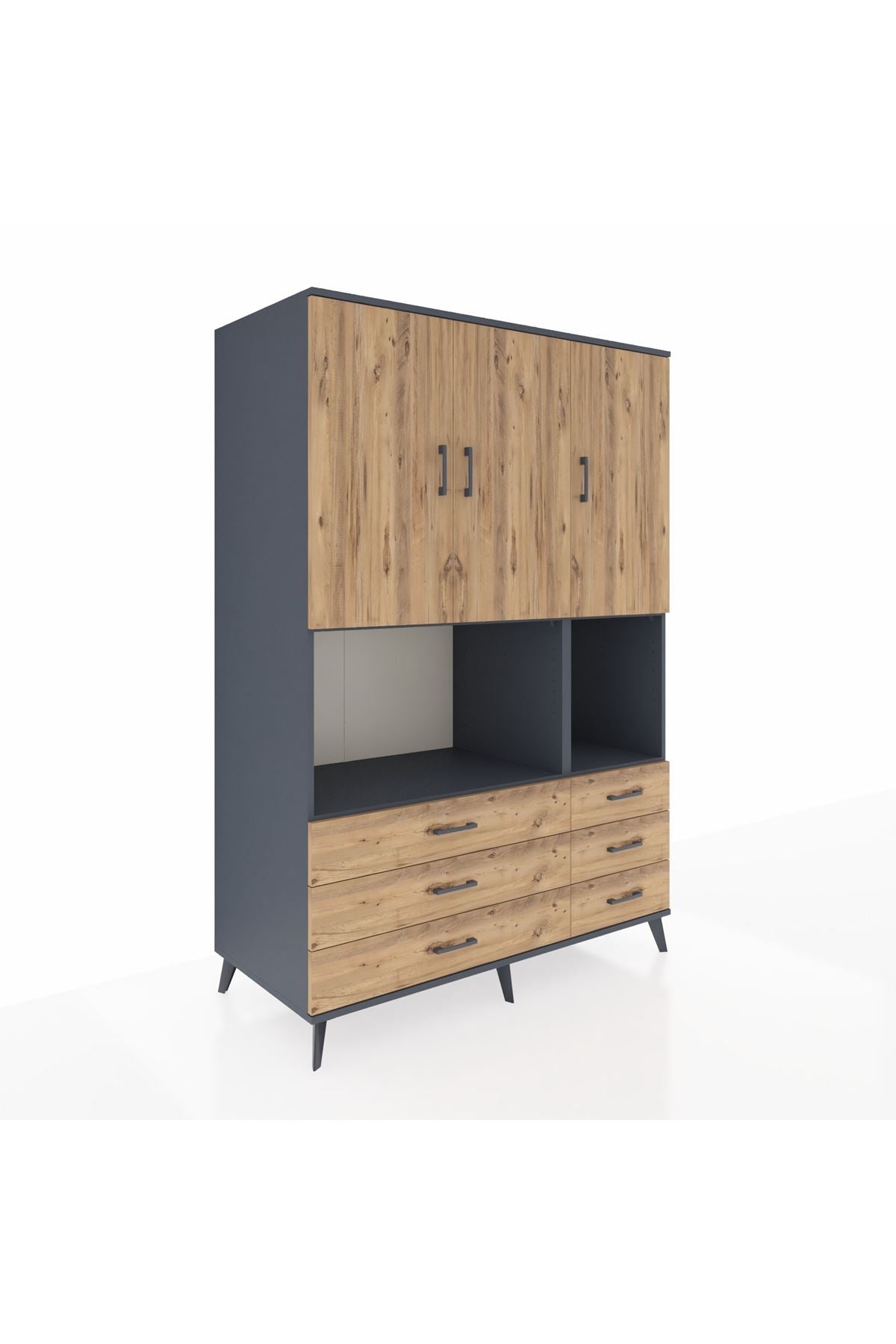 Kronos Dolap 6 Raflı 6 Çekmeceli 3 Kapaklı 132x59x195 Antrasit-Çam/Çam