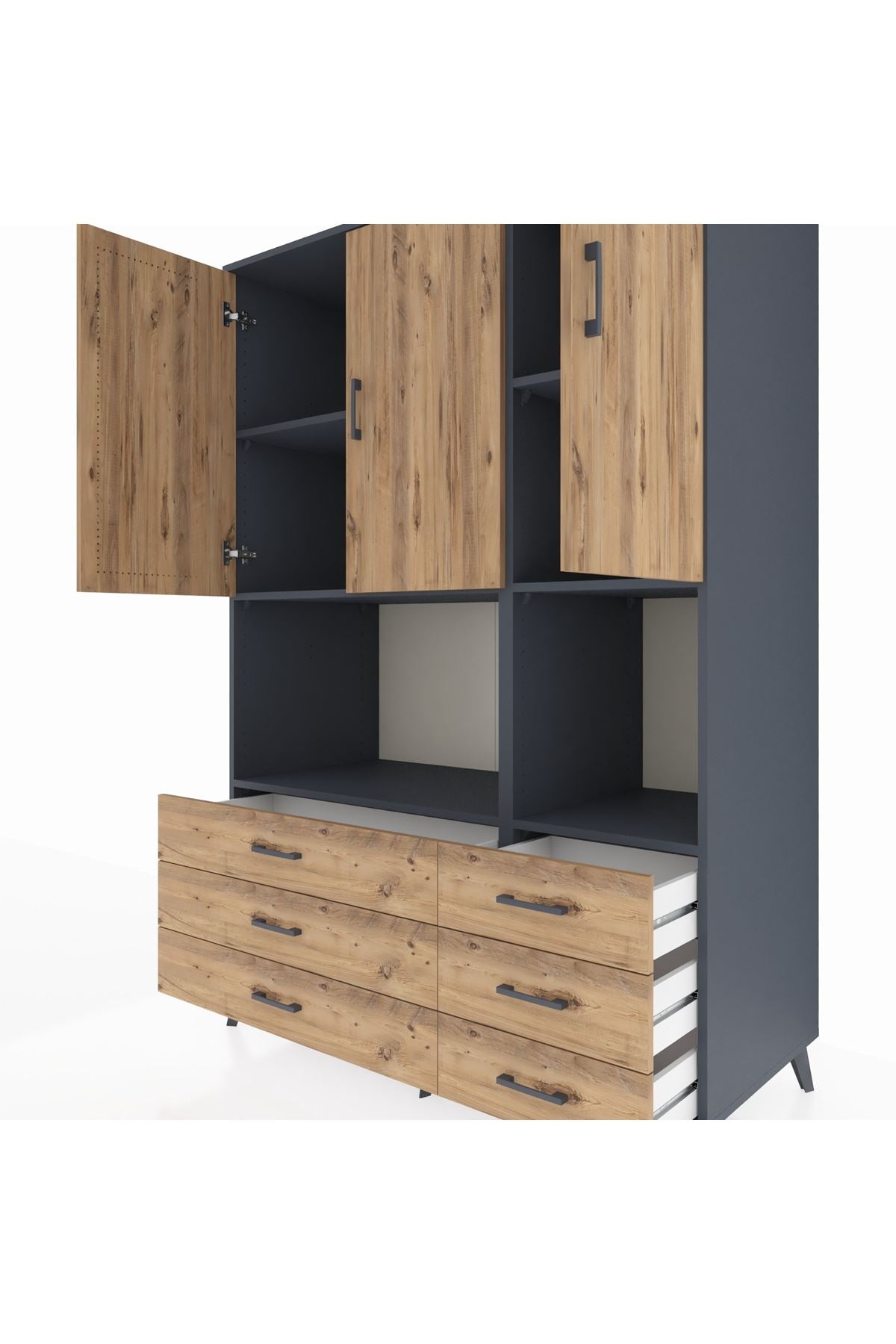 Kronos Dolap 6 Raflı 6 Çekmeceli 3 Kapaklı 132x59x195 Antrasit-Çam/Çam