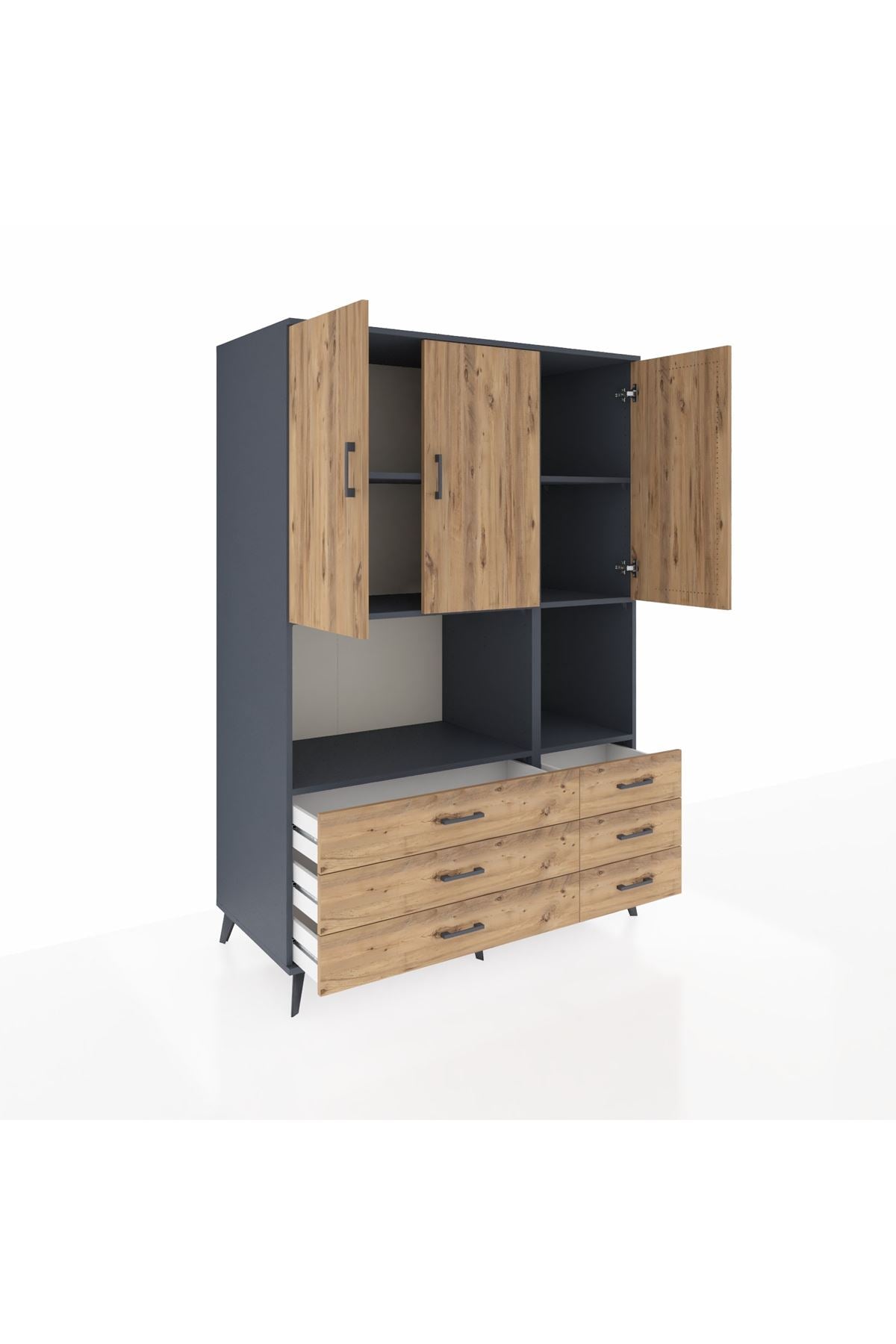 Kronos Dolap 6 Raflı 6 Çekmeceli 3 Kapaklı 132x59x195 Antrasit-Çam/Çam