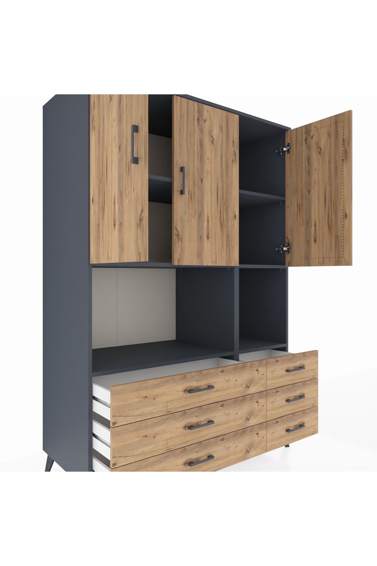 Kronos Dolap 6 Raflı 6 Çekmeceli 3 Kapaklı 132x59x195 Antrasit-Çam/Çam