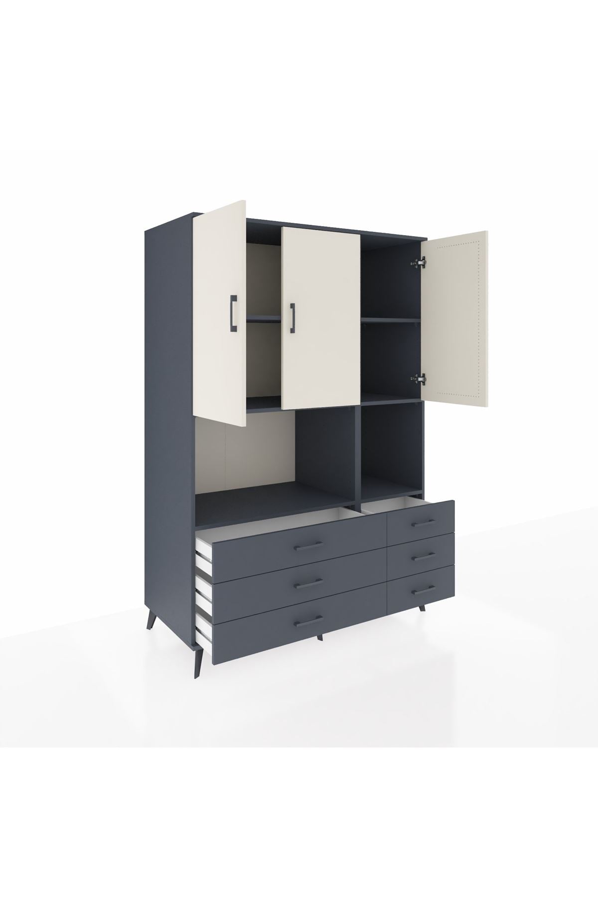 Kronos Dolap 6 Raflı 6 Çekmeceli 3 Kapaklı 132x59x195 Antrasit-Aytaşı/Antrasit