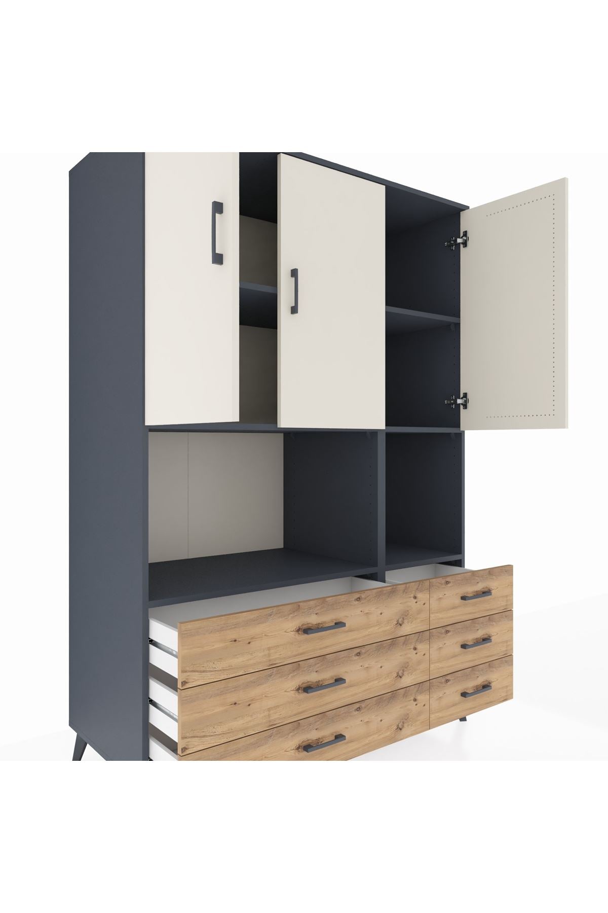 Kronos Dolap 6 Raflı 6 Çekmeceli 3 Kapaklı 132x59x195 Antrasit-Aytaşı/Çam