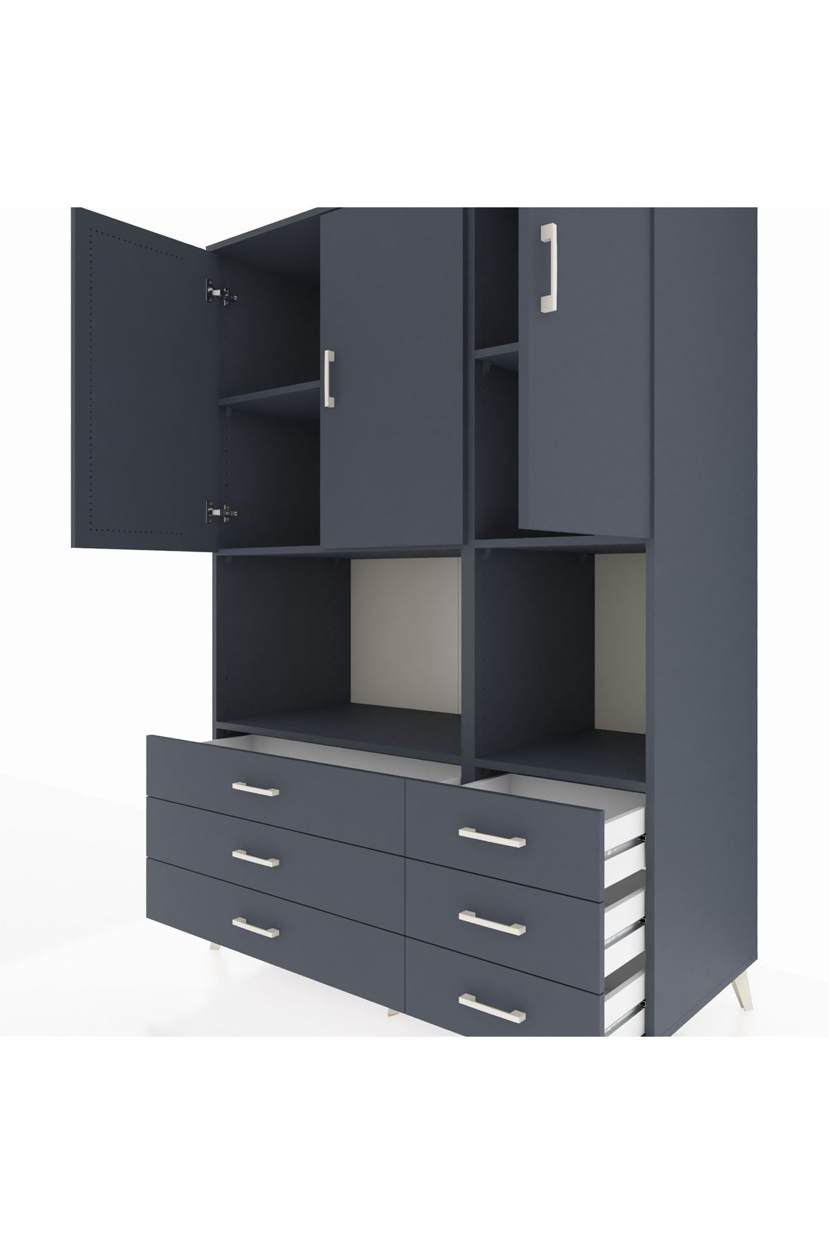 Kronos Dolap 6 Raflı 6 Çekmeceli 3 Kapaklı 132x59x195 Antrasit-Antrasit/Antrasit