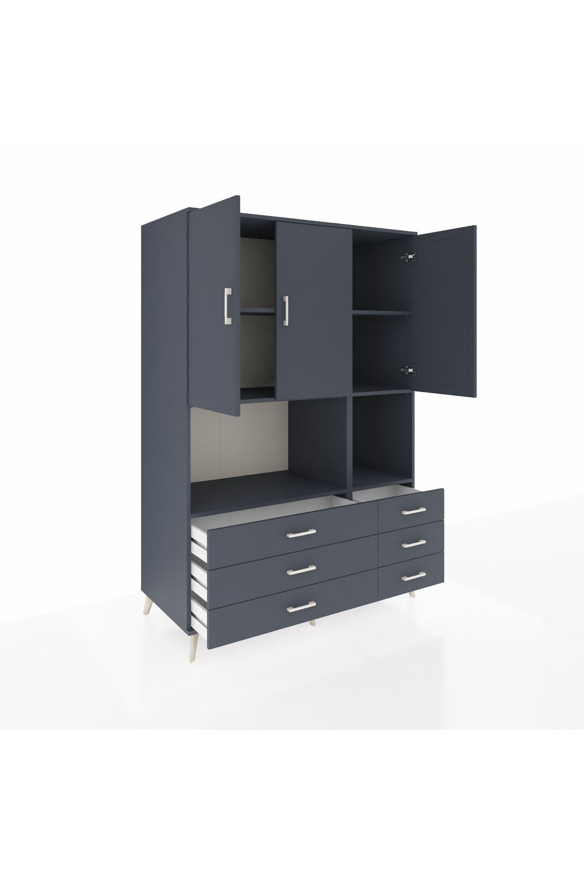 Kronos Dolap 6 Raflı 6 Çekmeceli 3 Kapaklı 132x59x195 Antrasit-Antrasit/Antrasit