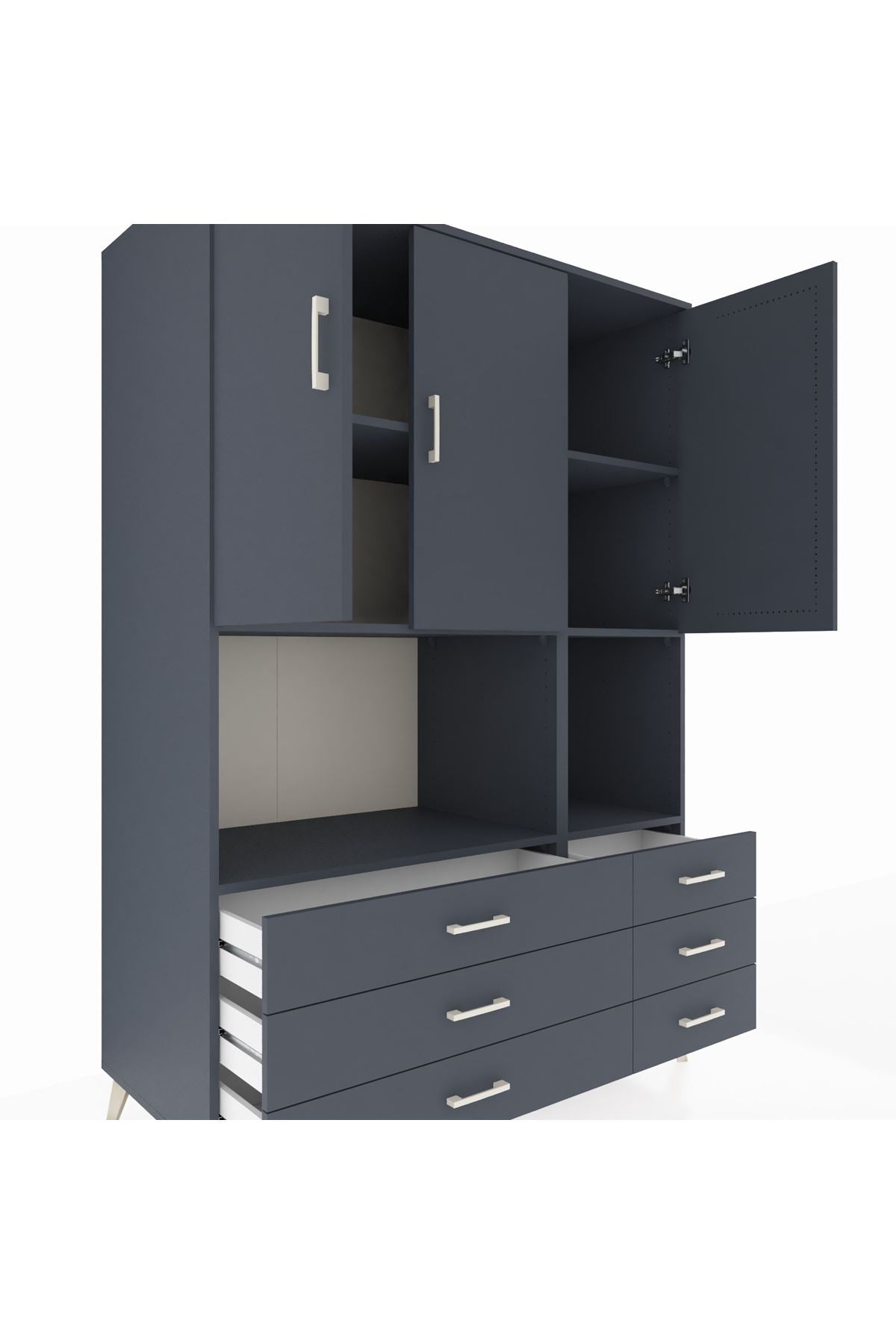 Kronos Dolap 6 Raflı 6 Çekmeceli 3 Kapaklı 132x59x195 Antrasit-Antrasit/Antrasit